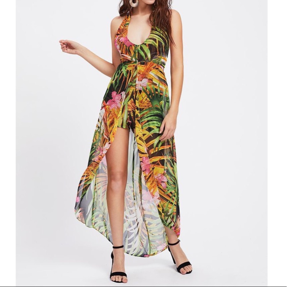 Tropical Print Chiffon Maxi Romper